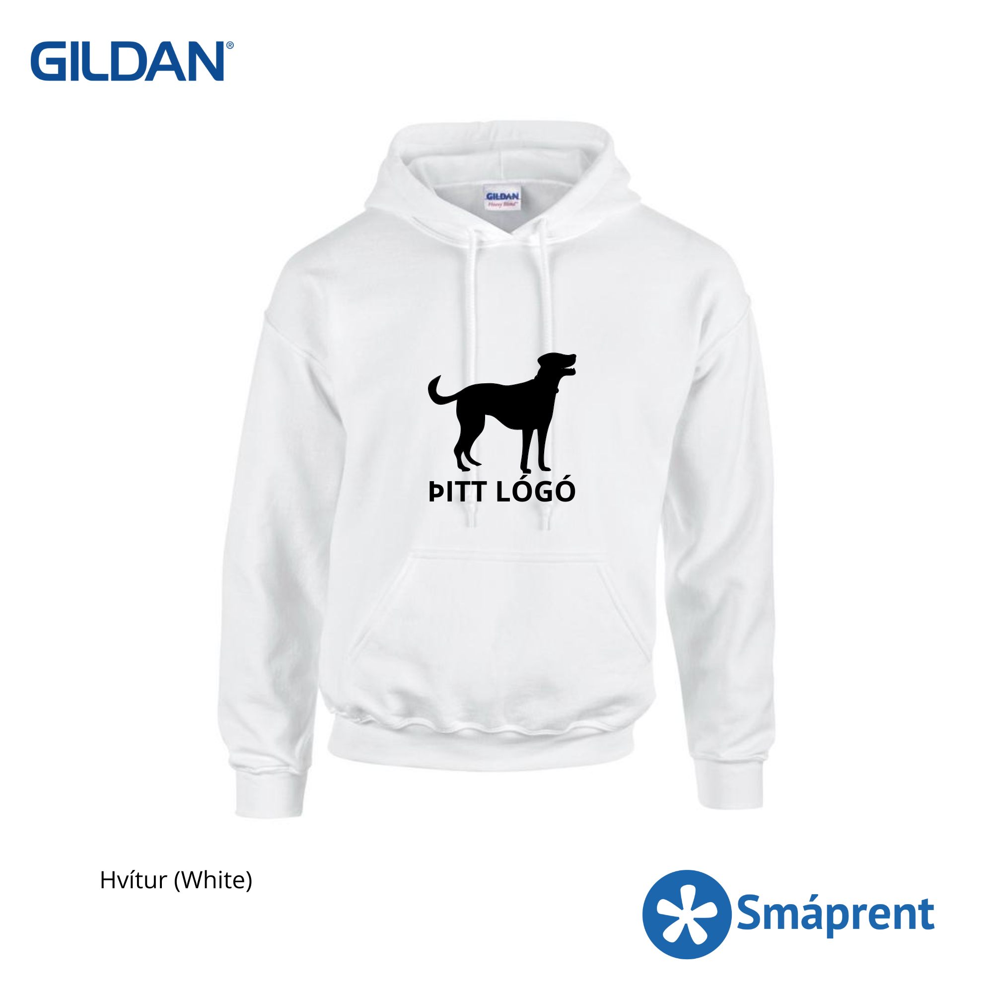 Hvít hettupeysa með merkingu - Gildan