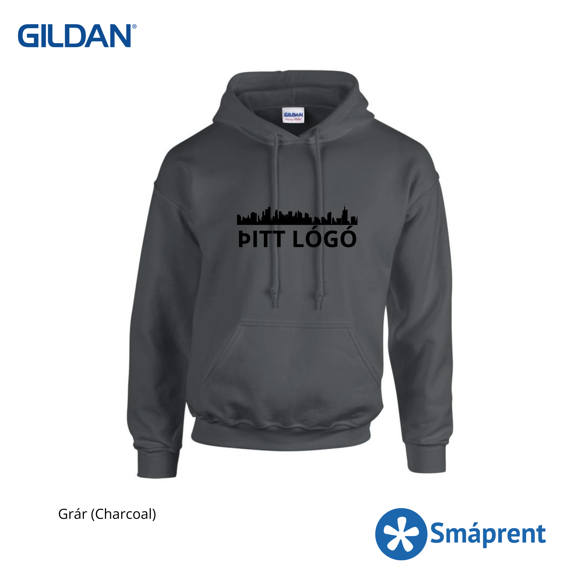 Grá hettupeysa með merkingu - Gildan
