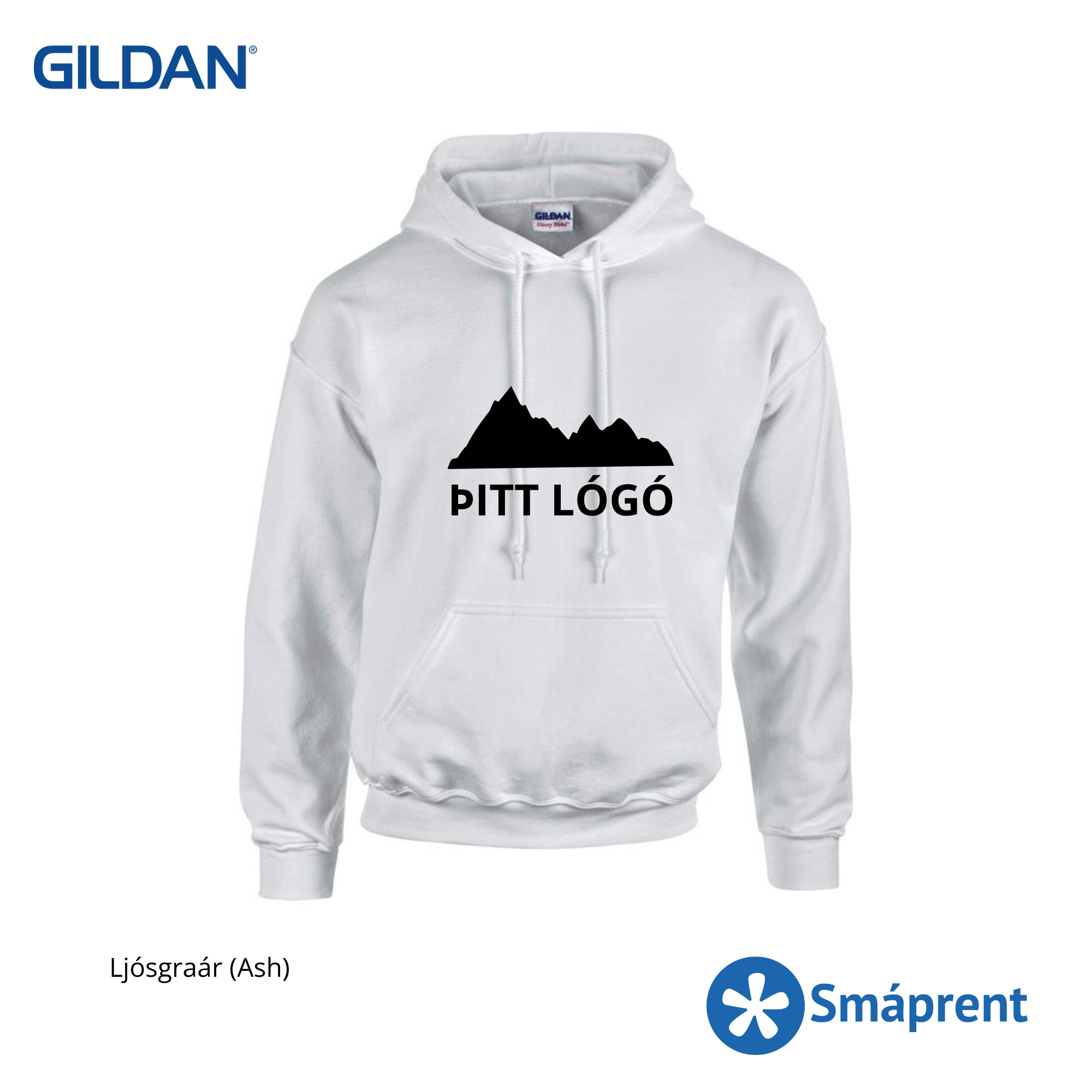 Ljósgrá hettupeysa með merkingu - Gildan