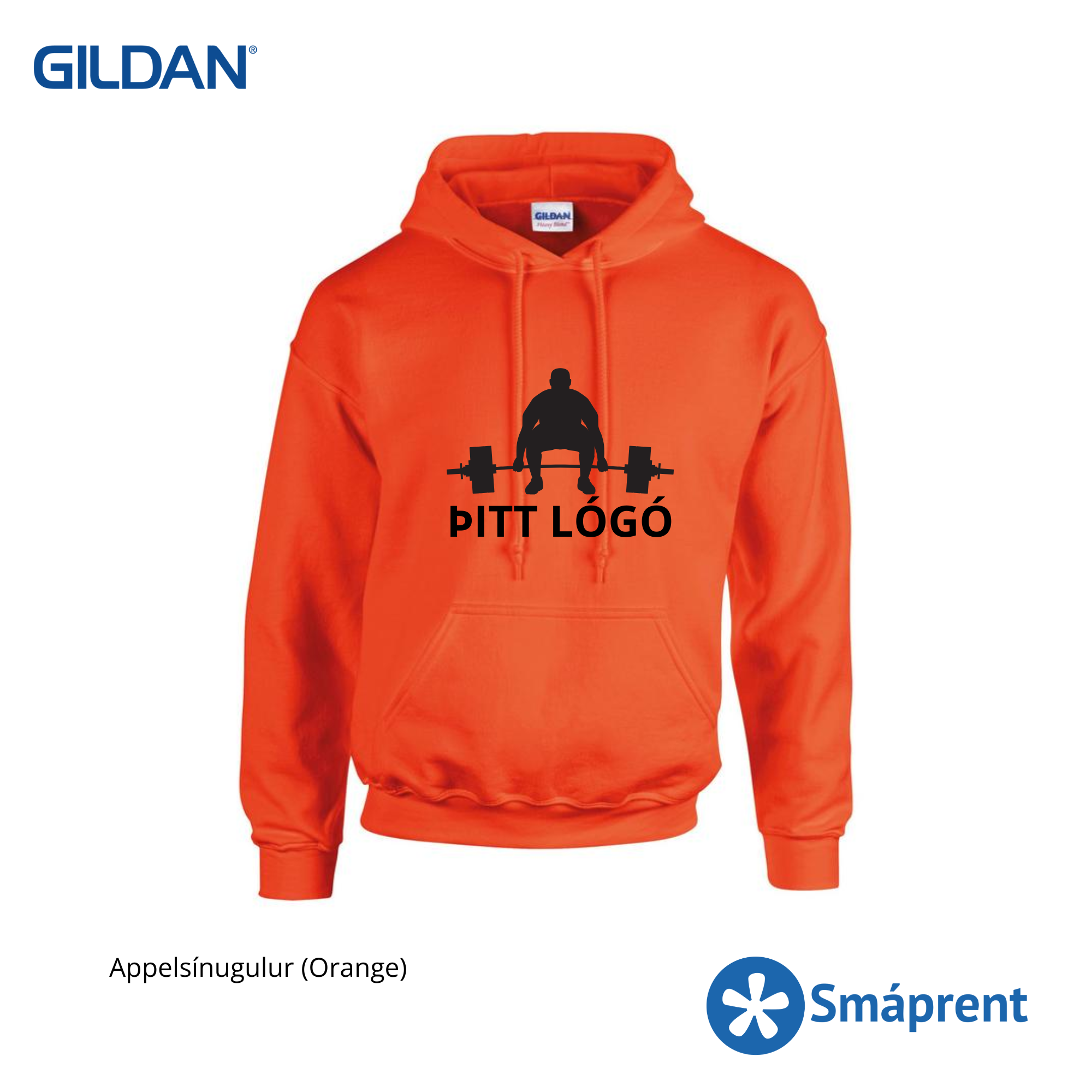 Appelsínugul hettupeysa með merkingu - Gildan