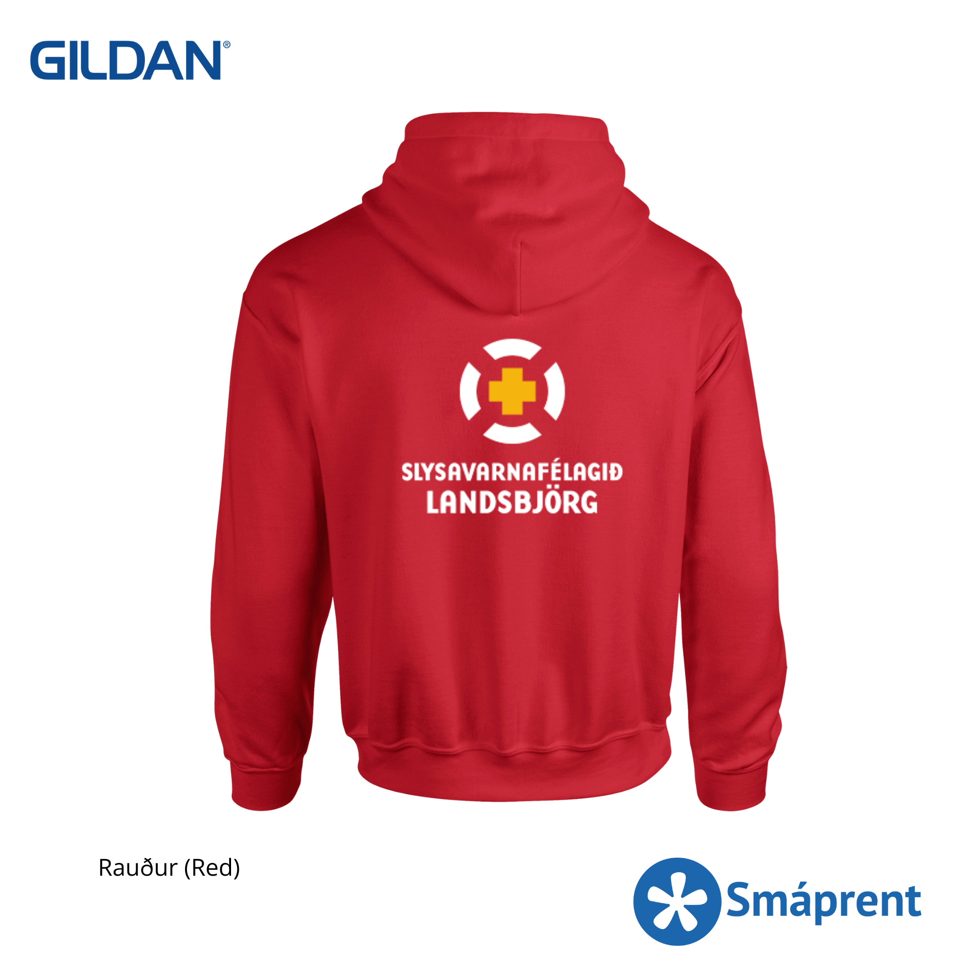 Landsbjörg - Rauð hettupeysa með merkingu - Gildan